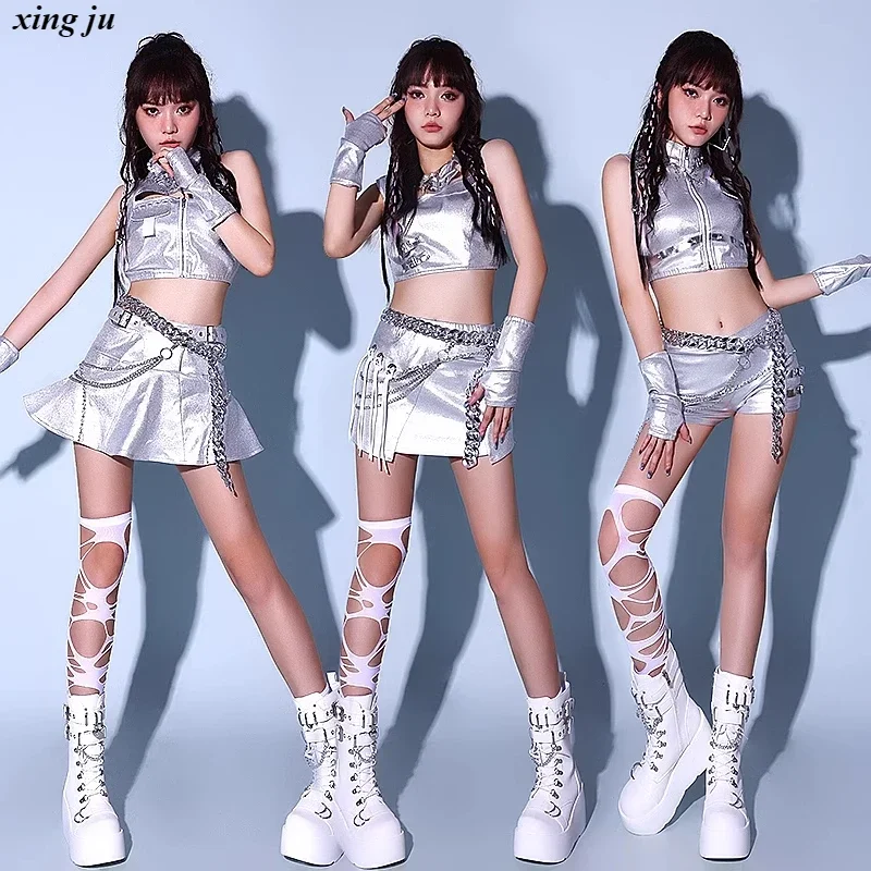 

Новинка 2025 года, серебряная одежда Kpop для девочек, костюмы для джазовых танцев, женская модная одежда для танцоров, одежда для ночного клуба, женская DJ, хип-хоп, сценическая одежда