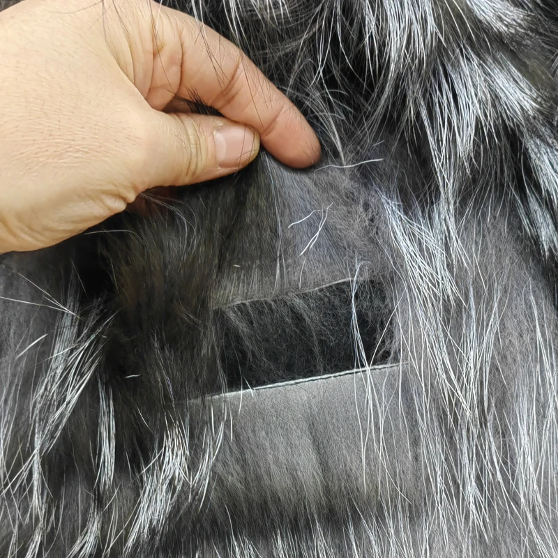 Damenmantel aus 100 % echtem Fuchspelz, gestreifter Fuchspelzmantel, Reverskragen, Echtledermantel, Jacke aus natürlichem, neuem Fuchspelz – Detail 9