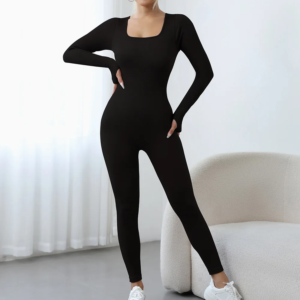 Women Square Neck Beauty Back Yoga Jumpsuit One Piece Yoga Fitness Tight Workout Bodysuit