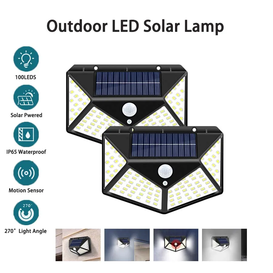 

1/2/4PCS 100 LED Solar Wall Lamp Motion Sensor Outdoor Waterproof 4 Sides Luminous Solar Light for Garden Patio Street Lighting