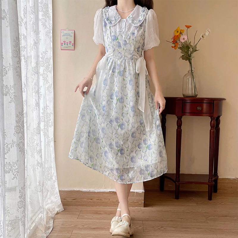 

Baby neck floral dress 2024 spring/summer new tea break French first love pure and sweet long dress for girls