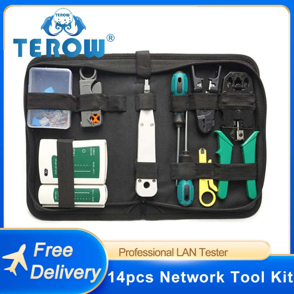 TEROW 14Pcs/Set Network Repair Tool LAN RJ45 Tester Crimping Pliers Portable Profesional Cable Tracker and Crimper Clamp Kit Bag