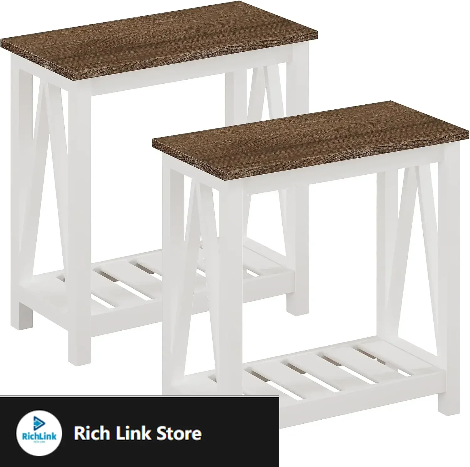 

Farmhouse End Table Set of 2, Rustic Vintage Narrow End Side Table with Storage Shelf for Small Spaces, Nightstand Sofa Table