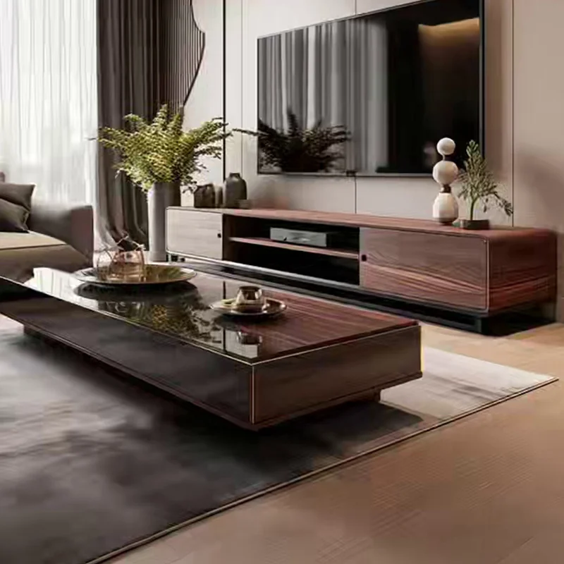 

Italian light luxury simple 2025 new black walnut solid wood coffee table high-end villa living room home TV cabinet