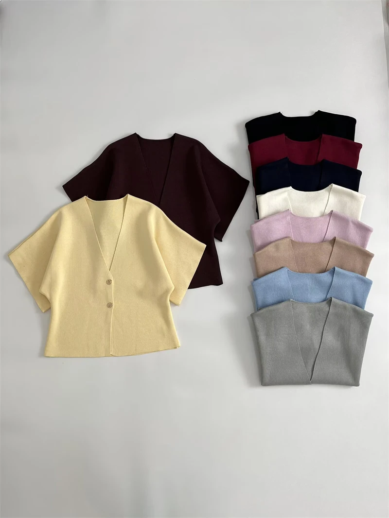 KEYANKETIAN letni nowy damski dekolt w serek z krótkim rękawem, dzianinowy top Office Lady pojedyncze piersi szczupła, cienka dzianina w jednolitym kolorze