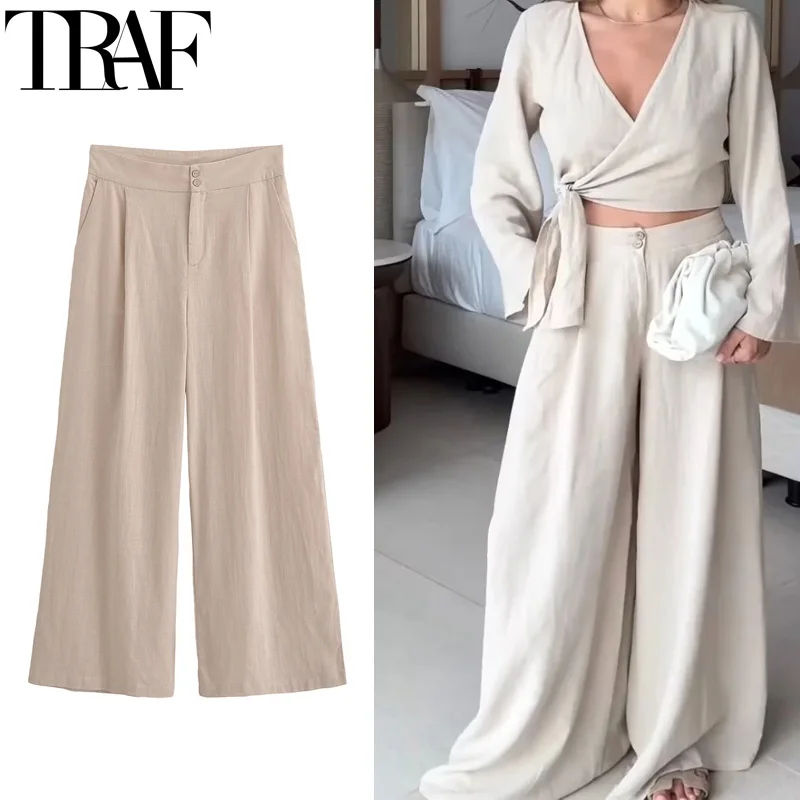 TRAF 2024 pantaloni larghi estivi donna pantaloni a gamba larga a vita alta donna Streetwear pantaloni fluidi pieghettati pantaloni larghi larghi in