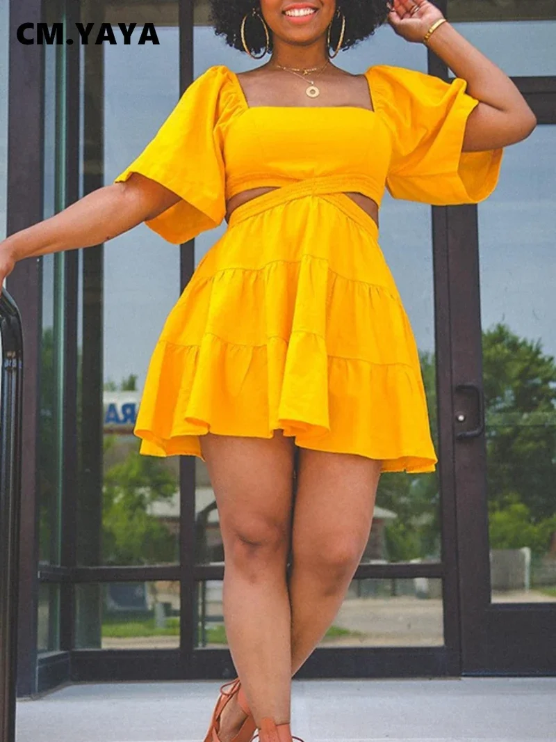 Women Cut Out High Waist Open Back Half Sleeve Big Swing Ruffle Hem Smock Dress 2024 Summer Female Street Yellow Dresses