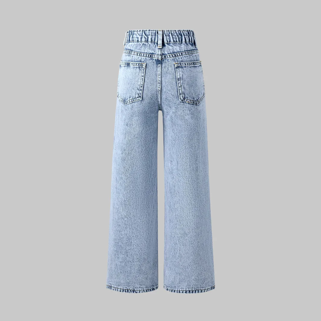 Teen Girl Ripped Jeans Snow Wash Denim Wide Leg Pants Loose Oversize Style Teenager Girls Clothes Children Outfit Fashion Y2K