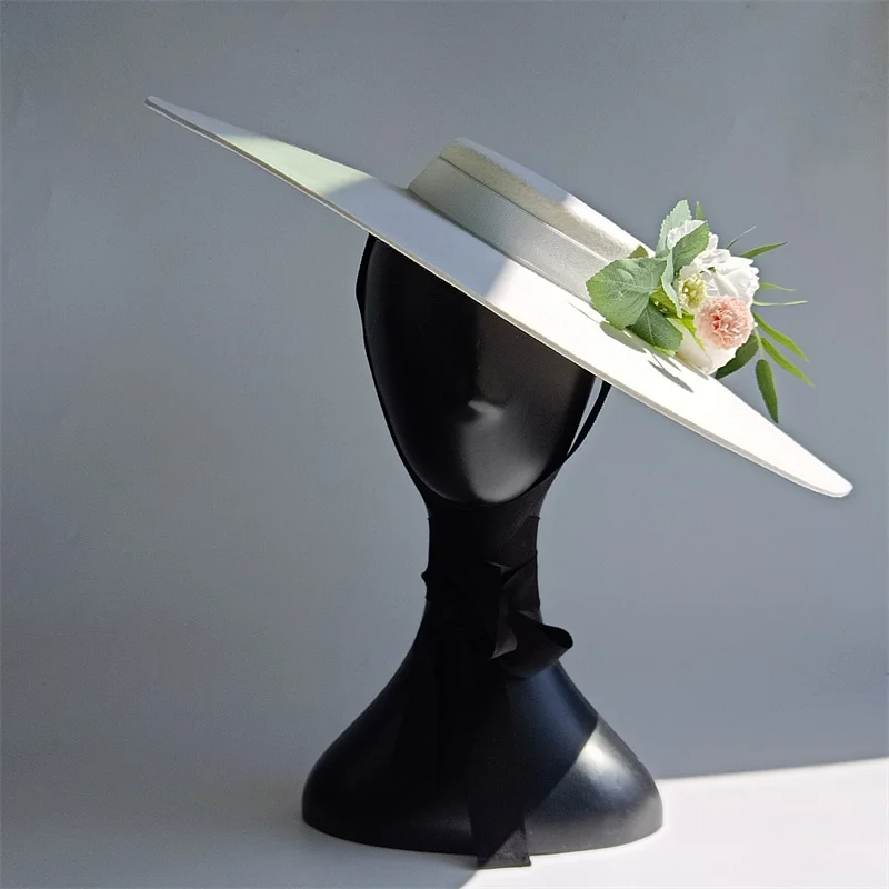 Bridal Hat White Simulation Flower Wool Hat Removable Flat Top Female Stage Winter Strap Women's Wedding Hat