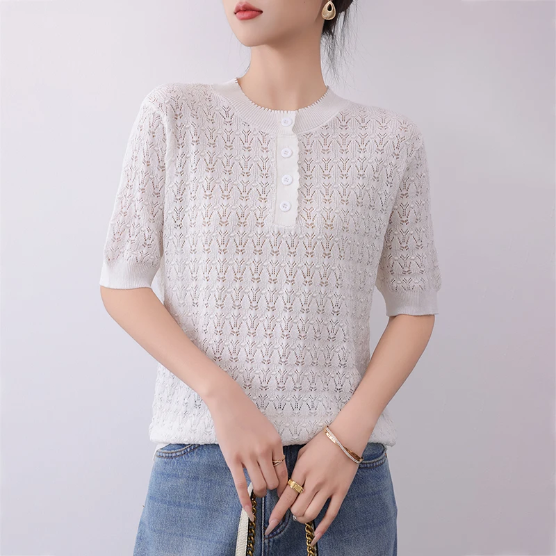 Summer Women's Lyocell T-shirt Casual Solid Color Knitted Short Sleeve POLO Collar Hollow Tees Loose Tops Designer Fashion Trend