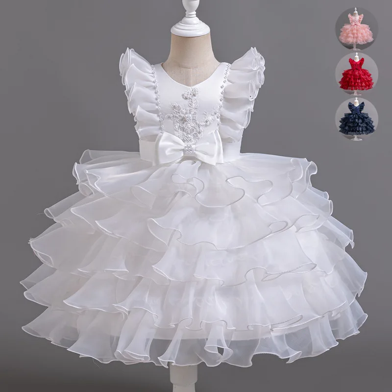 

2024 Girls Noble Princess Dress Wedding Bridesmaid Costume Solid Color Elegant Evening Dresses Bow Party Children Cake Ball Gown