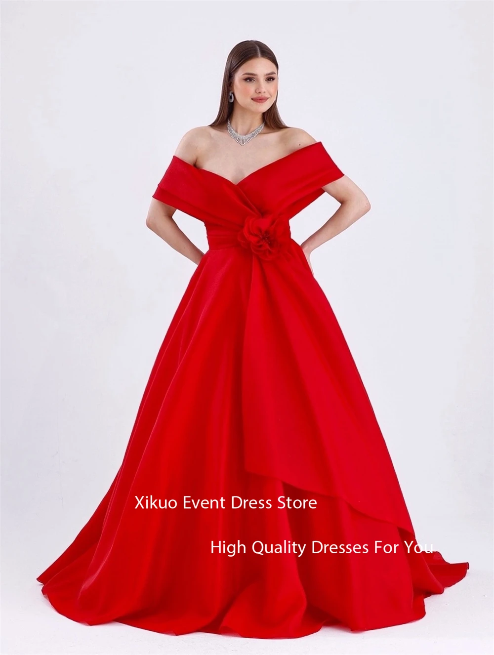 فستان سهرة Xikuo رشيق من الساتان الأحمر على شكل حرف A على شكل قلب رداء كوكتيل نسائي ثلاثي الأبعاد بطول الأرض فساتين حفلات مخصصة