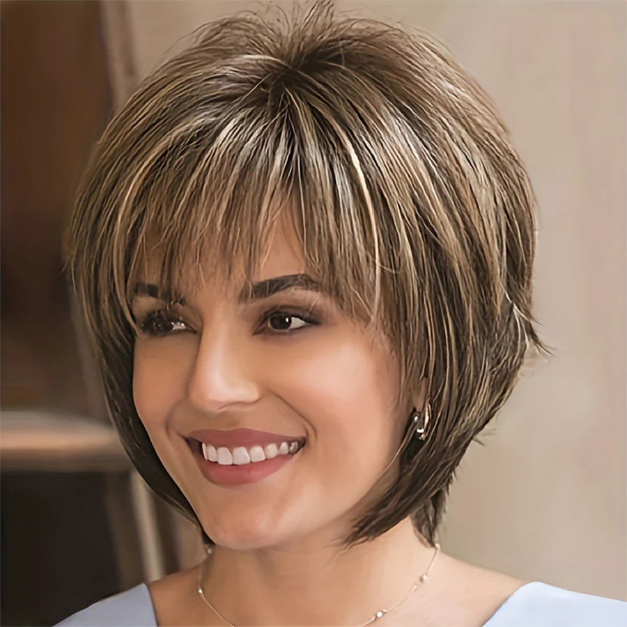 Brown Short  for White Women Layered  Pixie Cut  with Blonde Highlights Natural Looking Synthetic Hair Wit