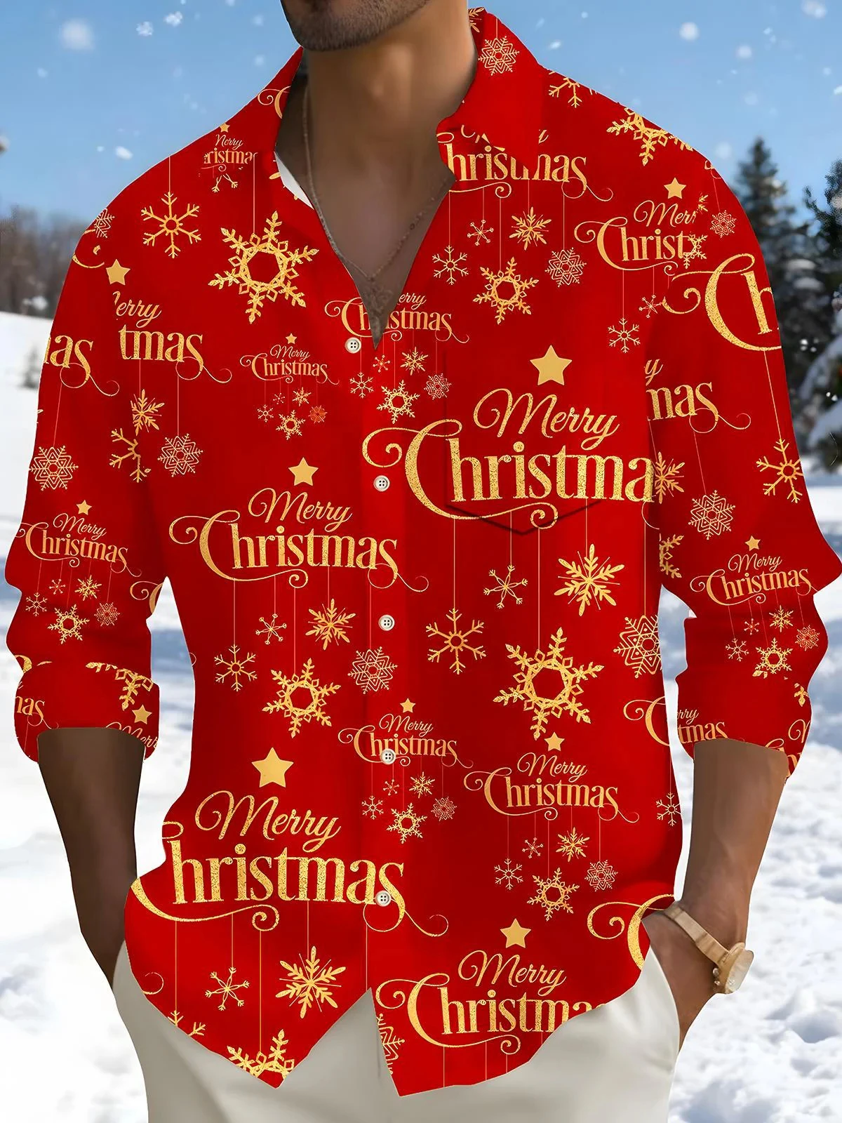 Christmas men's long-sleeved shirt with Christmas tree and puppy pattern, suitable for everyday wear and family gatherings.