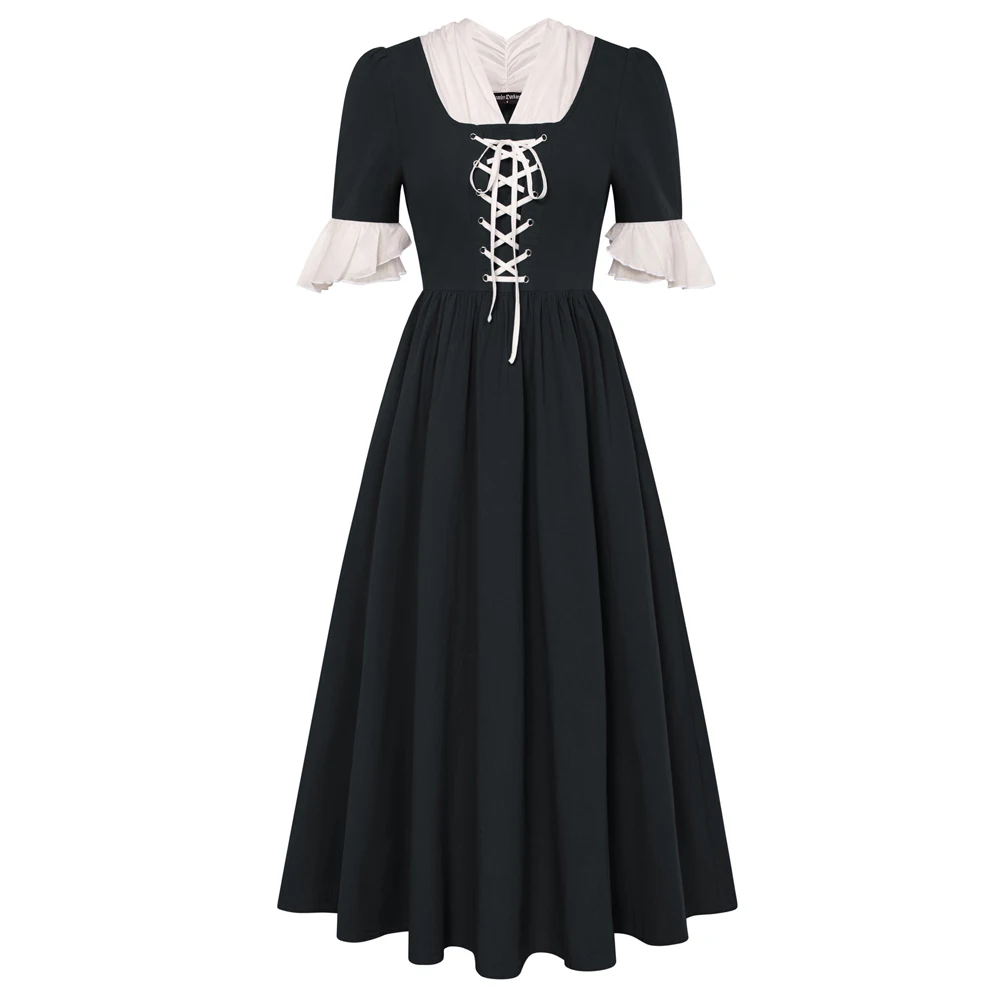 

SD Women Renaissance Maxi Dress Fashion Vintage Retro 1/2 Sleeve V-Neck Elastic Waist Gothic A-Line Dress Lady Elegant Clothing