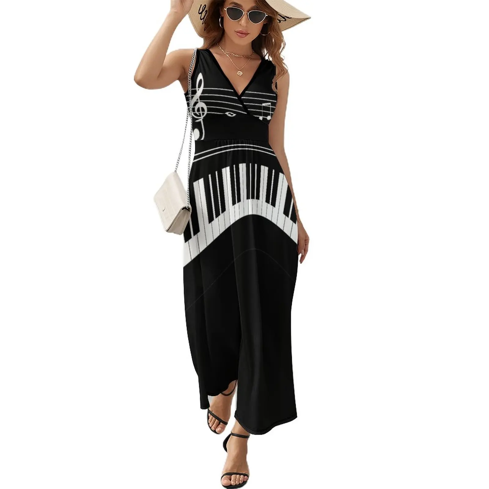 

Abstract Piano Dress Sexy Maxi Dress V Neck Printed Boho Beach Long Dresses Aesthetic Big Size Vestidos