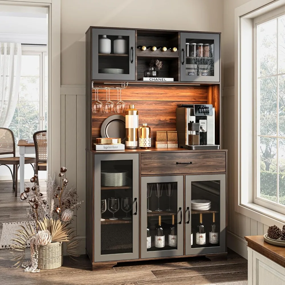 

71 Pantry Cabinet, Coffee Bar Storage Cabinet with Charging Station & LED Lights, Tall Kitchen Hutch Food Pantry Cabinet with Wi