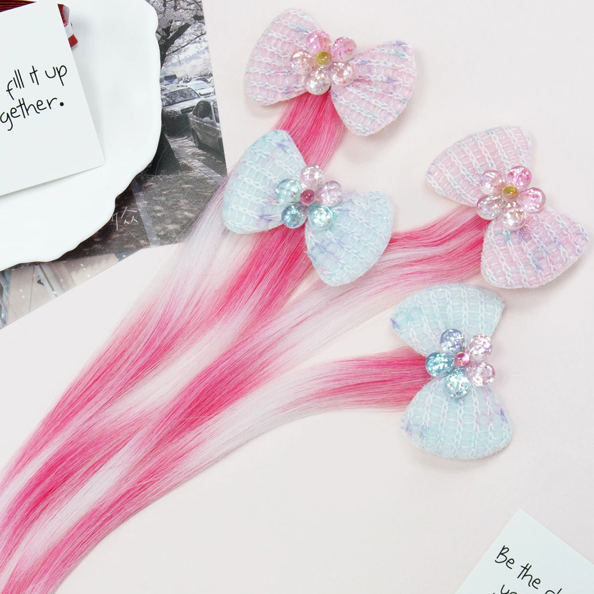 

Autumn Fluffy Bow & Flower Hair Clip Extensions, Pink-White Two-Tone Synthetic Hair Barrettes, Sweet Hair Accessories