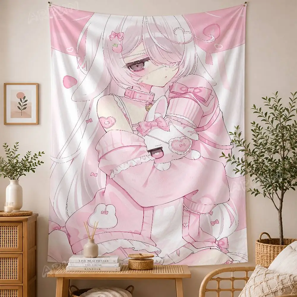 Soft Tone Cute Anime Maiden Wall Hanging Tapestry, Long Haired Kawaii Girl Gentle Pastel Color Manga Art, Light Fabric Decor