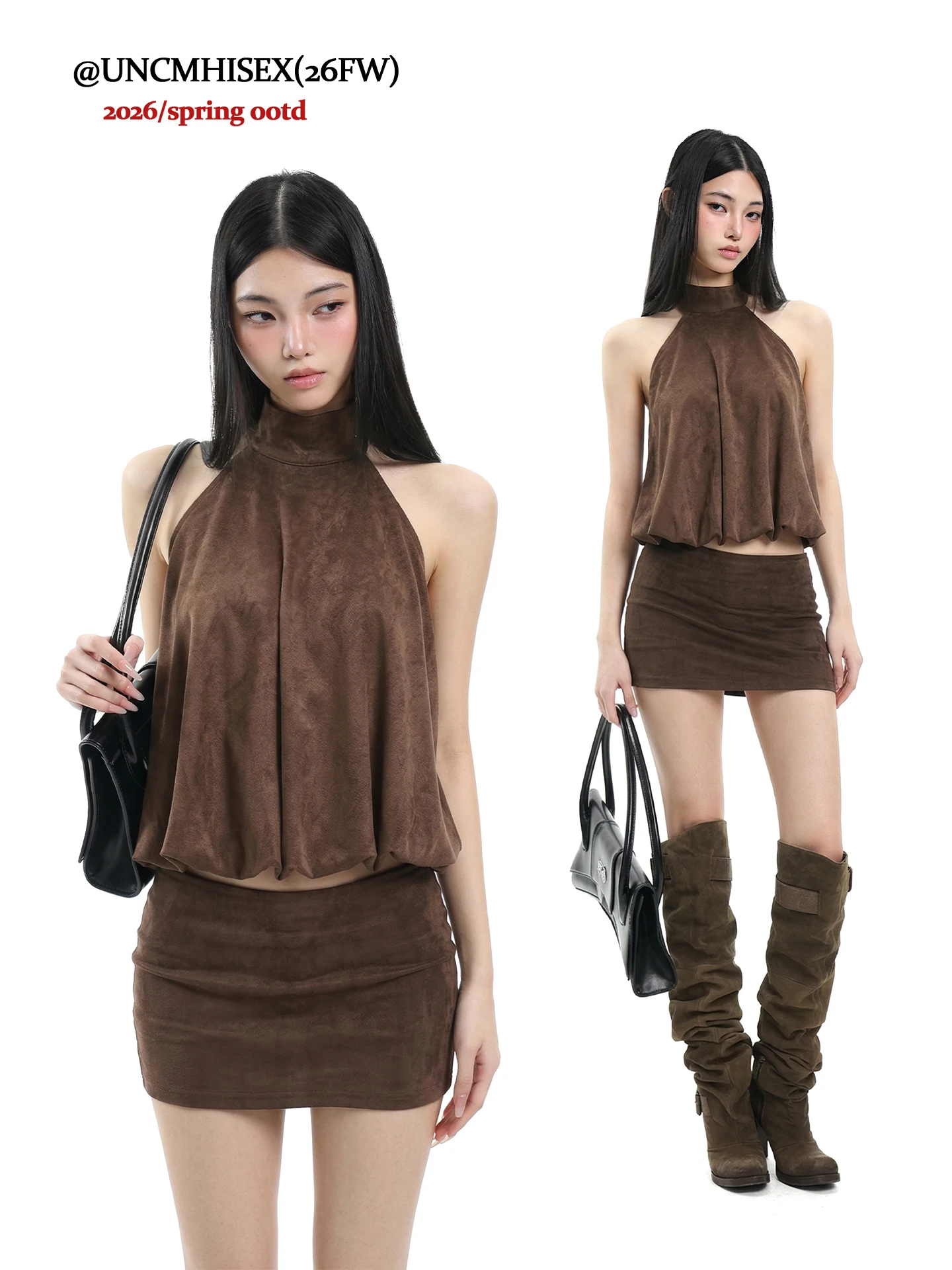 

Женский летний комплект Uncmhisex: укороченный топ без рукавов с завязками на шее и облегающая замшевая юбка. Дышащий повседневный наряд для свиданий.