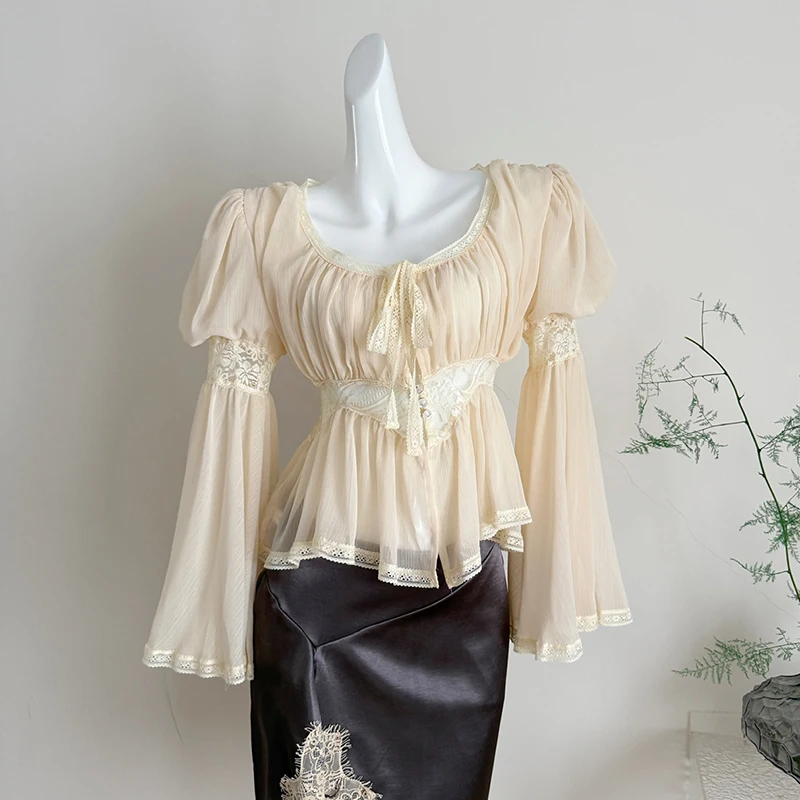Women Two-piece Skirts Suits Office Ladies Korean Fashion Flare Sleeve Lace Chiffon Blouse & Irregular PU Leather Skirts Sets