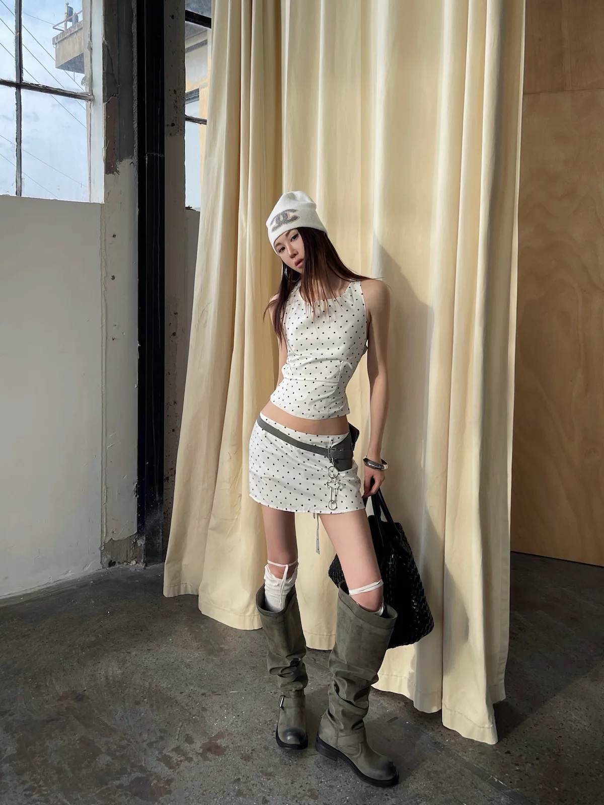

Sermeet Polka Dot Halter Vest Set Women Summer Sweet Girl Style Short Skirt Two Piece Set Fashionable Outfit Spring Summer