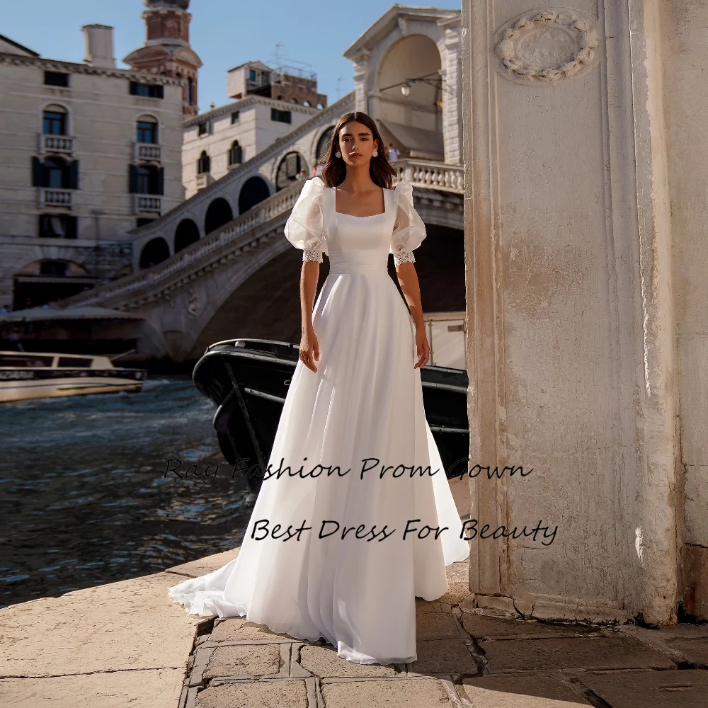 

Ray Fashion A Line Evening Dress Organza Square Neck With Short Puff Sleeves Lace Sweep Train For Women Bride Vestido de novia