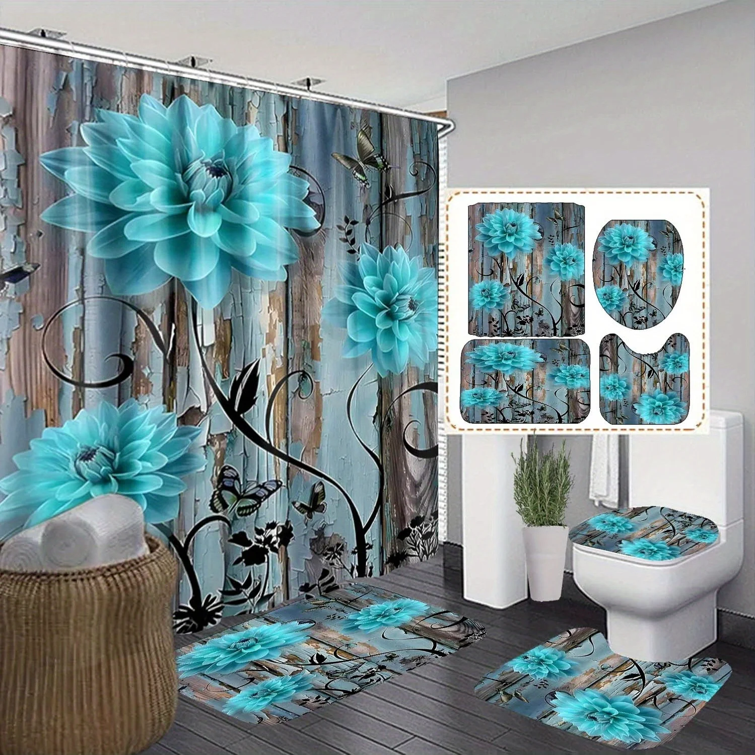 

4pc Blue Floral Butterfly Shower Curtain Set with Hooks, Non-slip Bath Mats & Toilet Cover, Elegant Polyester Bathroom Decor