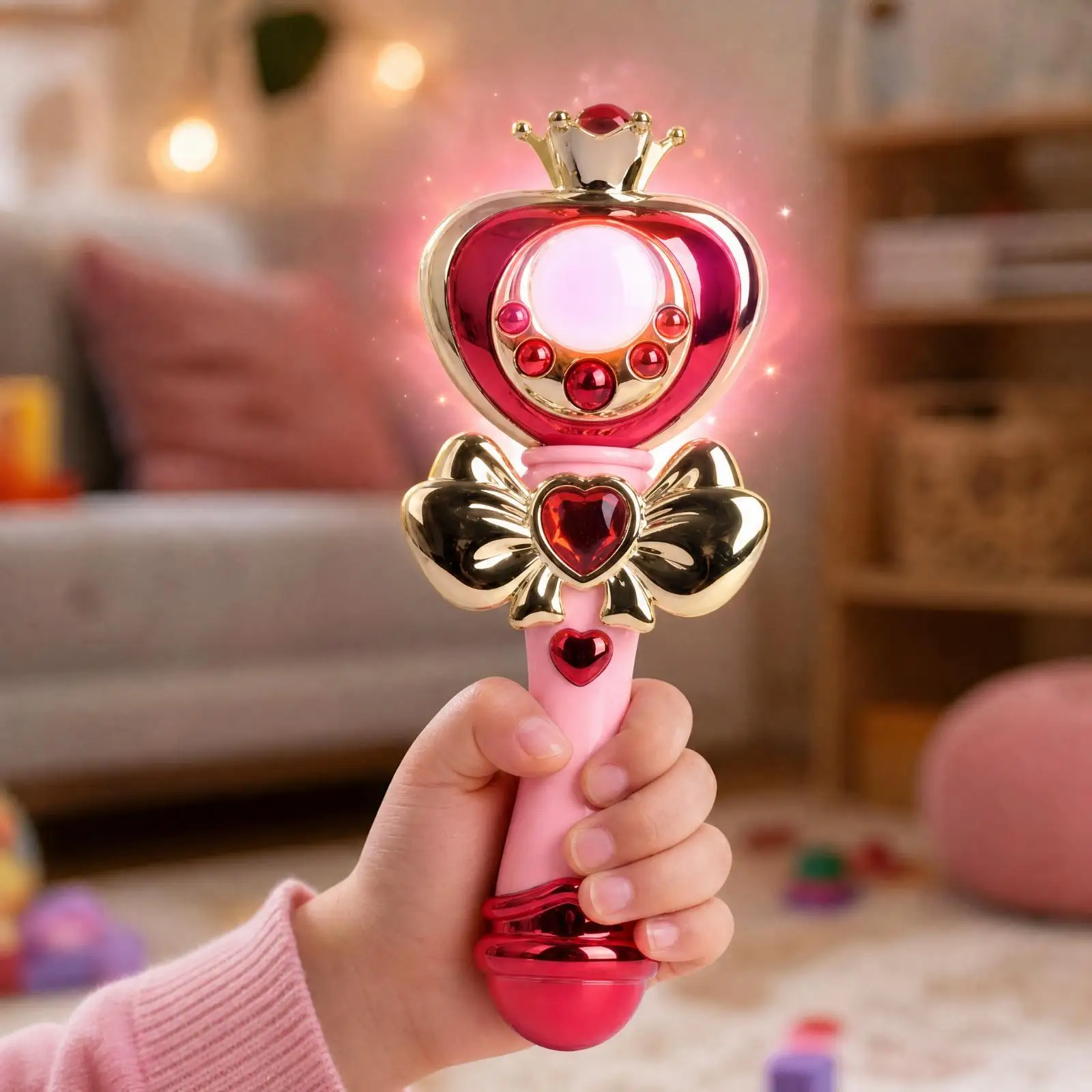 Handheld Plastic Wand with Heart Head Colorful Playwand Toy Battery Operated Easy to Use for Children, Pretend Play, Dress-Up