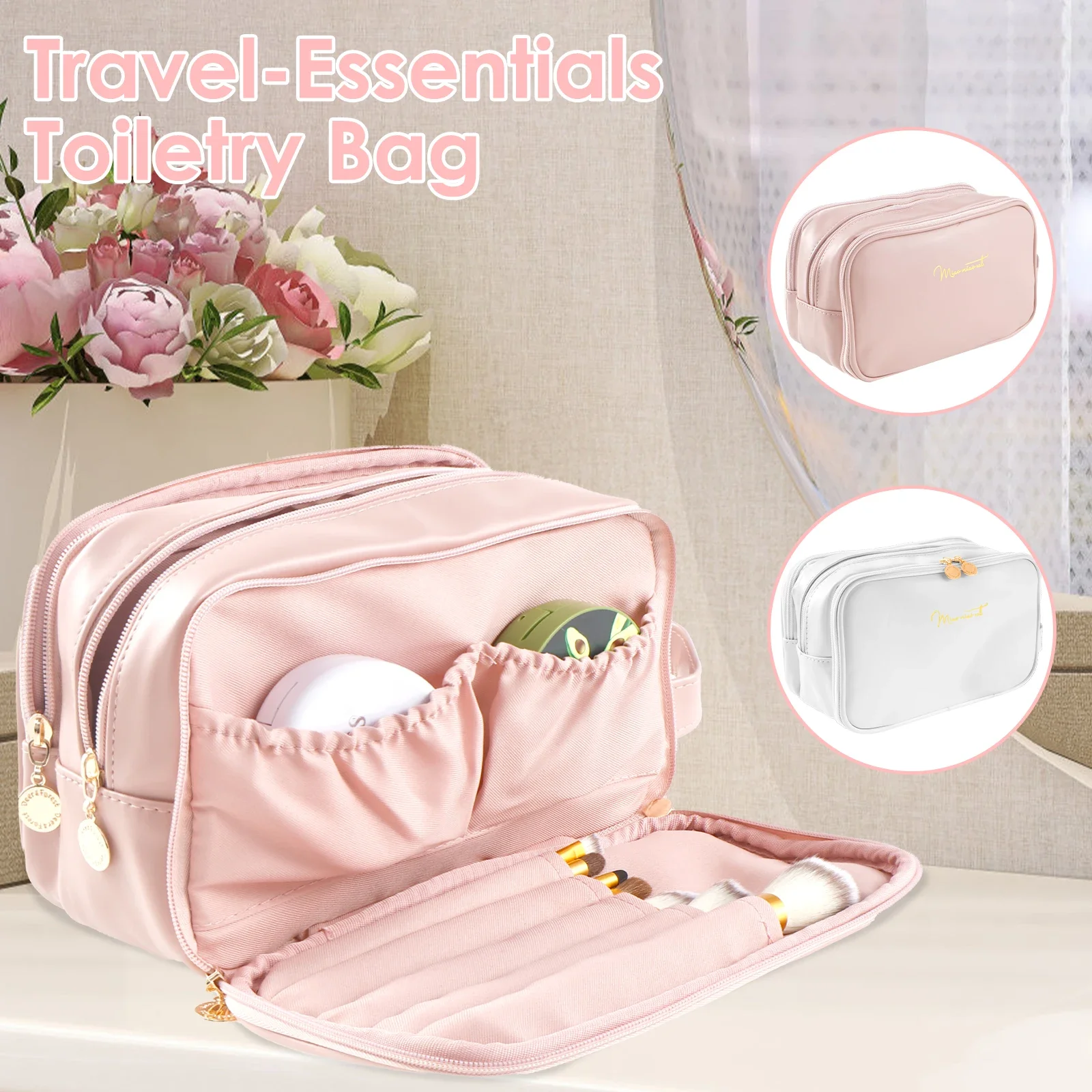 Toiletry Bag for Women Travel Cosmetic Bag Waterproof Makeup Bag with 3 Zipped Compartments PU Leather Toiletry Organizer Bag