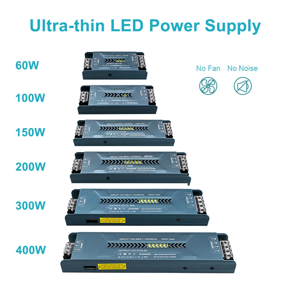 Fuente de alimentación de CA de 100 a 240 V, transformadores de iluminación LED ultradelgados de 60 W, 100 W, 150 W, 200 W, 300 W y 400 W,