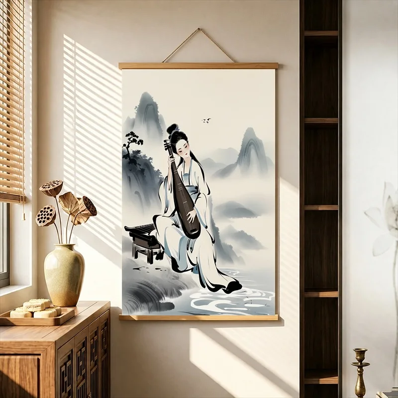 Wall Decorations Musicians and Travelers in Misty Mountains, Pearlescent Canvas Hanging Scroll for Tea Ceremony Classroom Decor