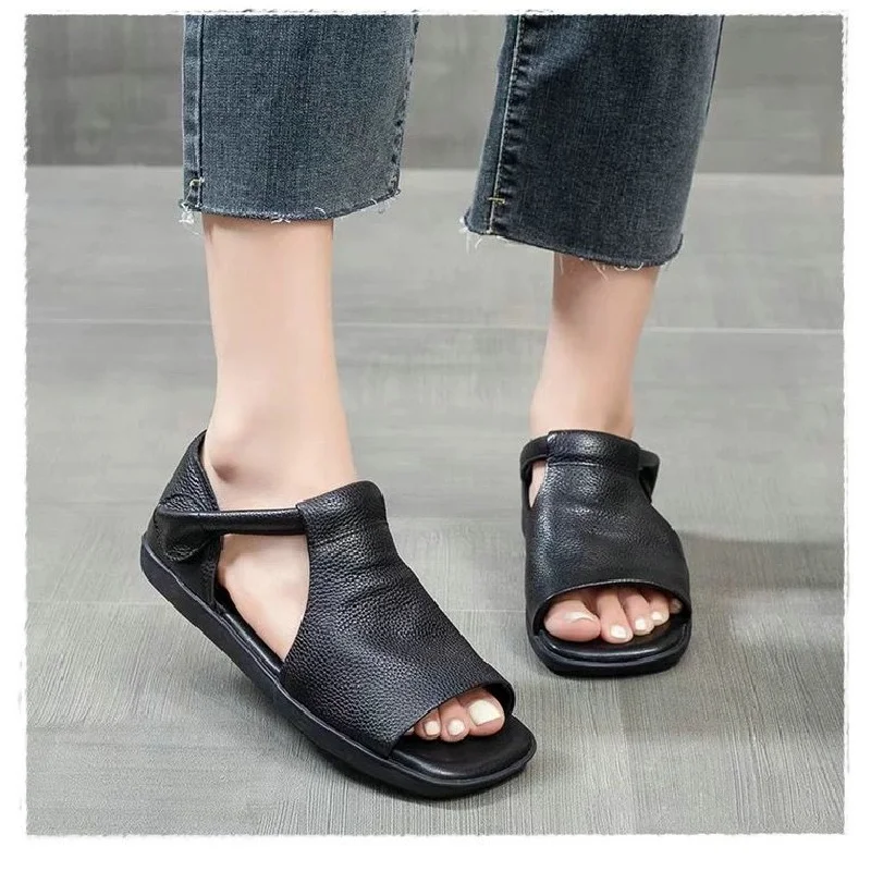 2025 Summer New Women's Peep Toe Flat Sandals - Retro Soft Leather Breathable Comfortable Versatile Casual Shoes image 5