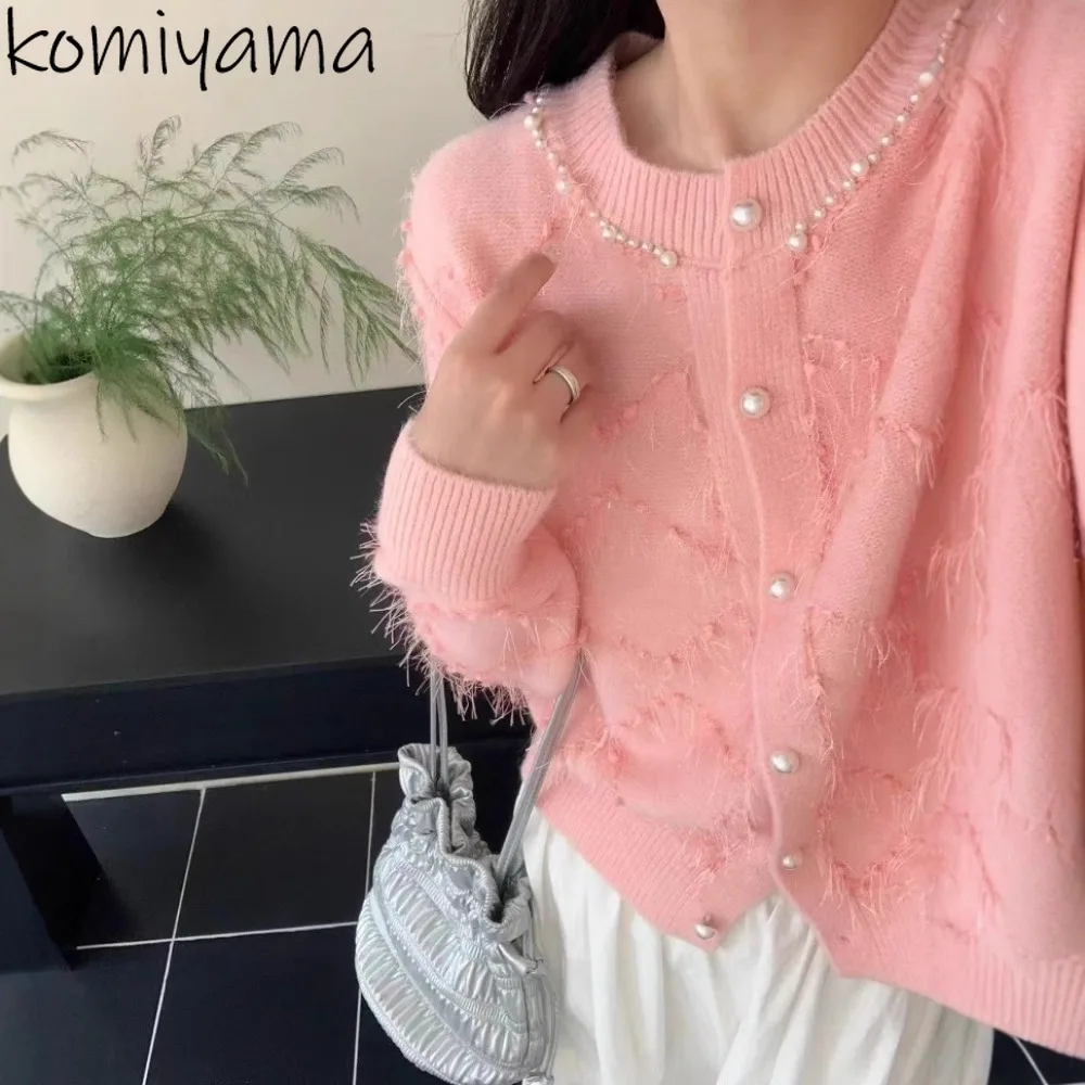 

Beads Spliced Cardigan 2025 New Woman Clothes Round Neck Long Sleeve Cardigans Loose Gentle Sweater Autumn Knitted Sueter