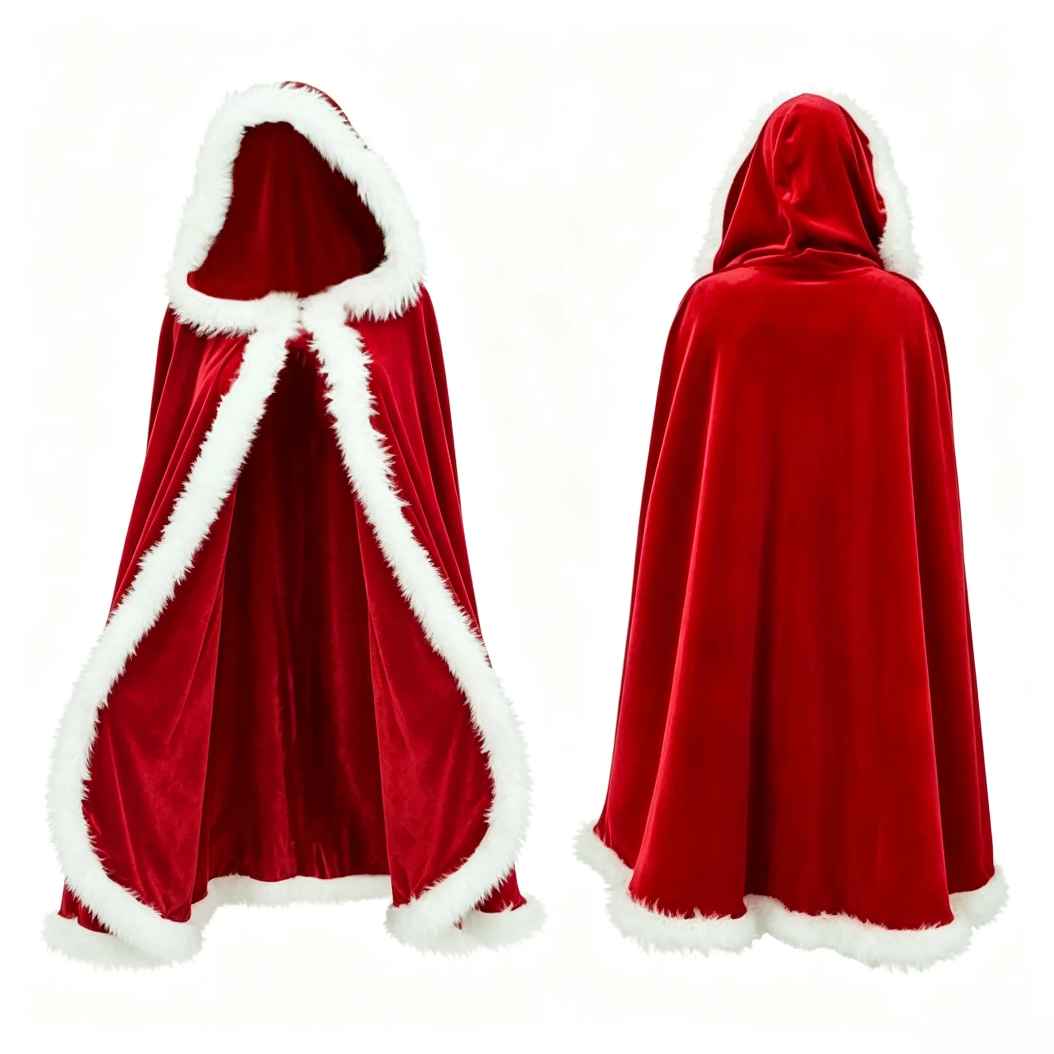 Christmas Hooded Cloak for Adult Red Velvet Cape with White Fur Trim Xmas Cosplay Costume Unisex Santa Halloween Fancy Dress