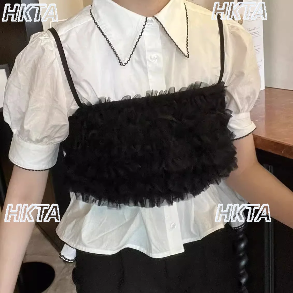 

Японская однобортная черно-белая рубашка с волнистыми лацканами и короткими рукавами, женская универсальная свободная рубашка Blusas для поездок на работу