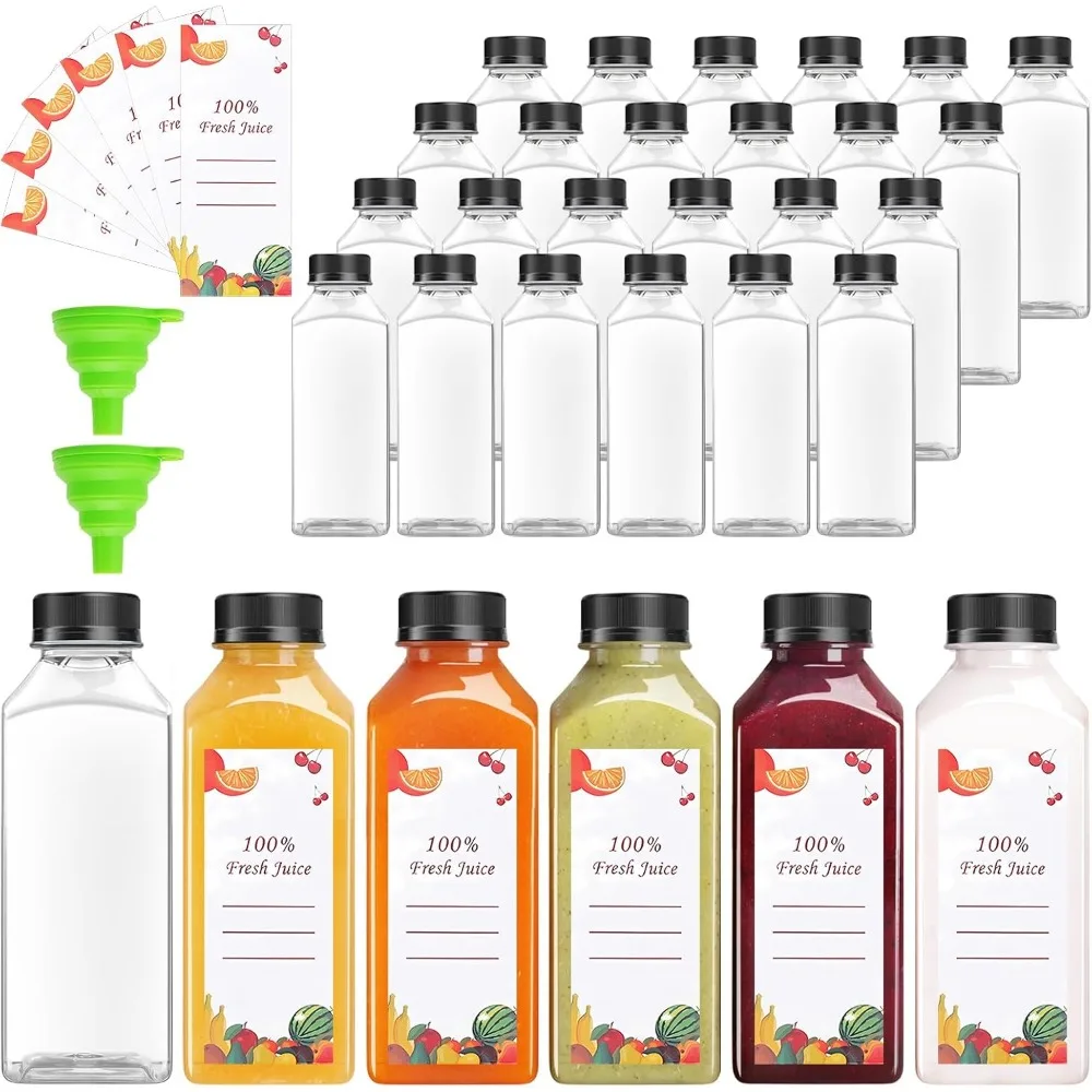 

80pcs 12oz Pcs Juice Bottles, Juice Bottle with Caps Reusable Empty Clear Bottles with Label, Funnel, Brush Bulk Beverage Contai