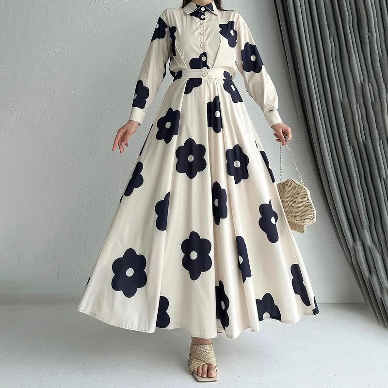 Robe Vintage Femme Polo-Neck Button Shirt Dress Women Spring Flower Print A-Line Long Dress Fall High Waist Belt Commuting Dress