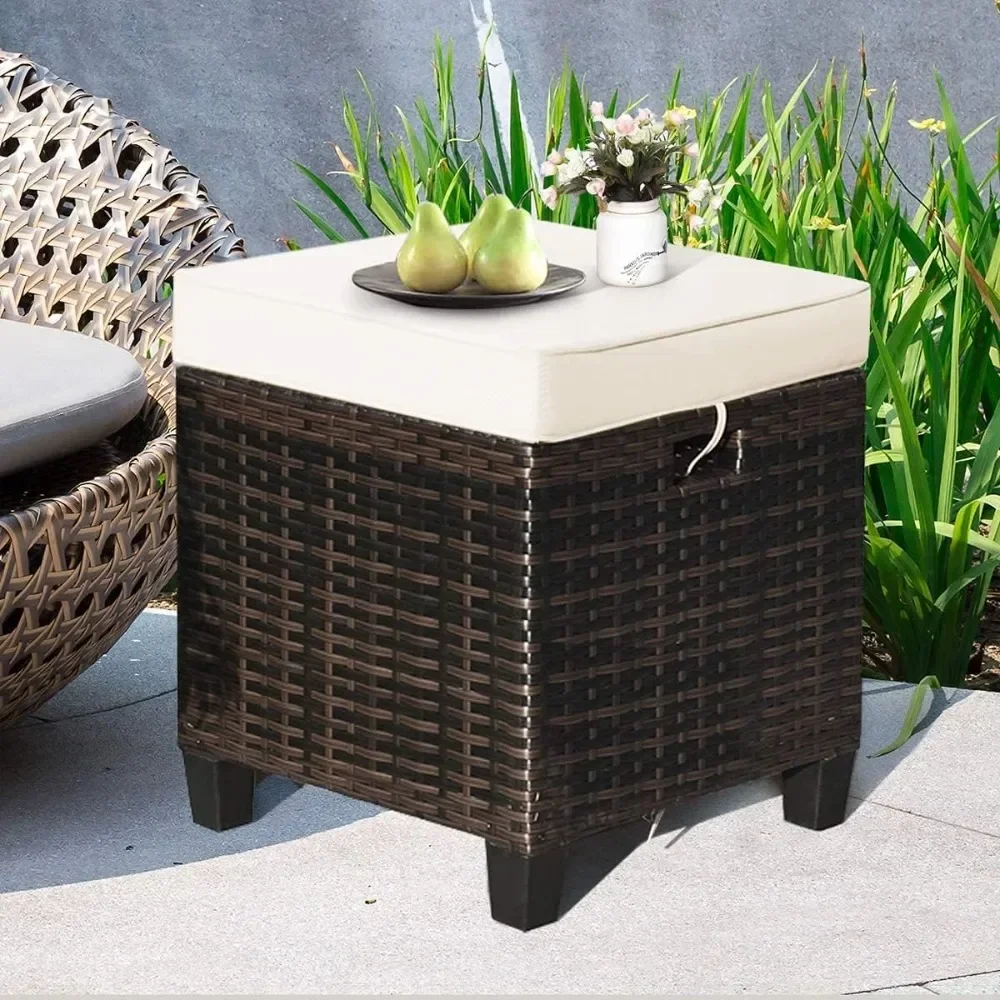 Rattan Patio Stool with Removable Cushion, All Weather Wicker Ottoman, Steel Frame, Living Room, 2 Pcs