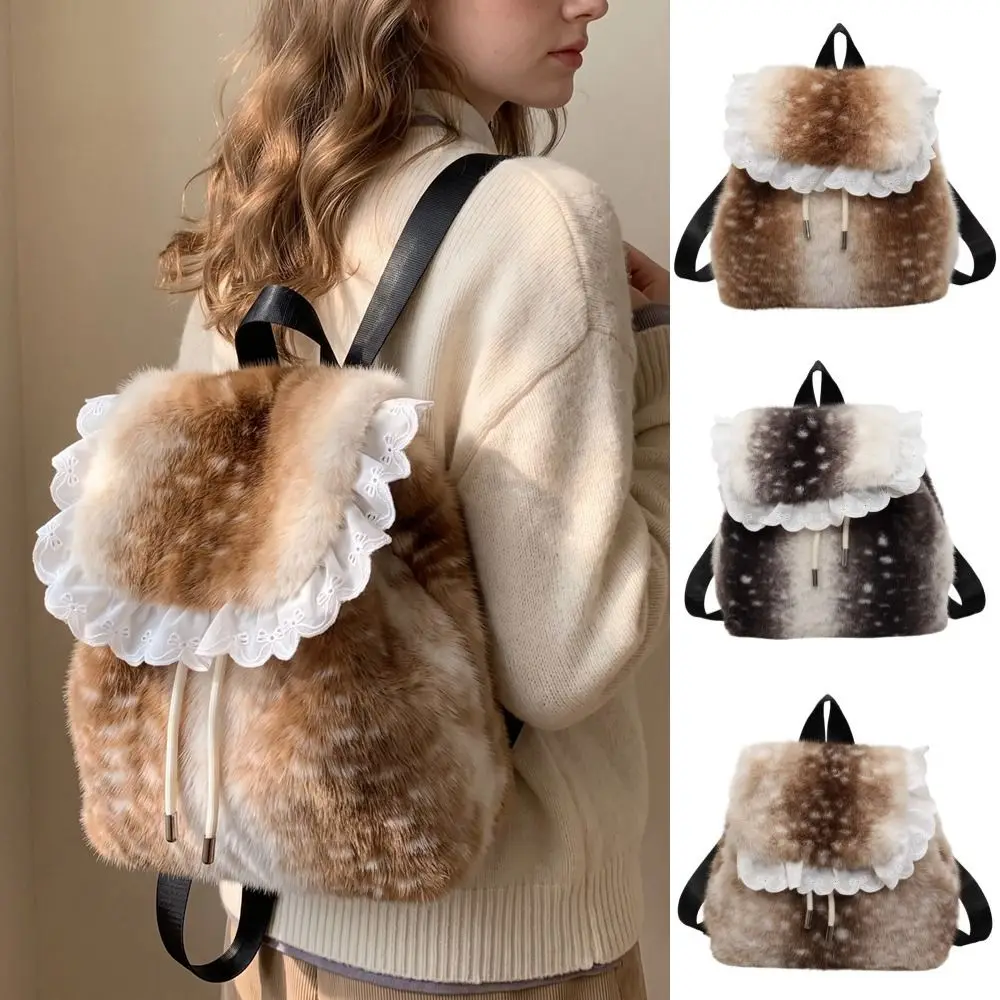 Portable Leopard Print Fluffy Shoulder Bag Deer Spot Warm Backpack Korean Style Solid Color Faux Fur Backpack Autumn Winter