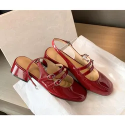 New Classic Red Mary Jeans Woman Patent Leather Med-High Heels Sandals Two Buckle Strap Shoes Femme Slingback Shoe Zapatos Mujer