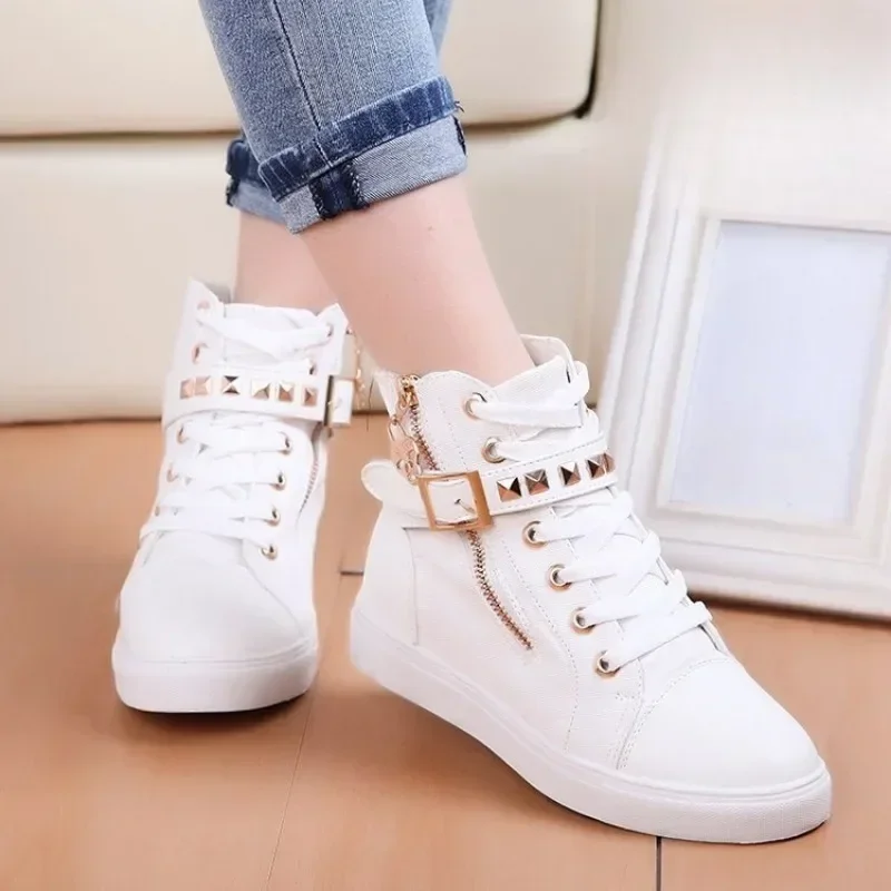 Women White Canvas Shoes High Top Belt Buckle Sneakers Fashion Studded Flat Boots Zipper Casual Board Shoes Zapatillas De Mujer