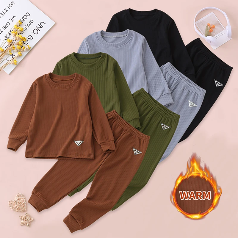 2-piece Autumn/Winter Children's Multi-color Pit Stripe Warm Long Sleeved Pants Set For Boys And Girls Casual Tops And Sweatpant