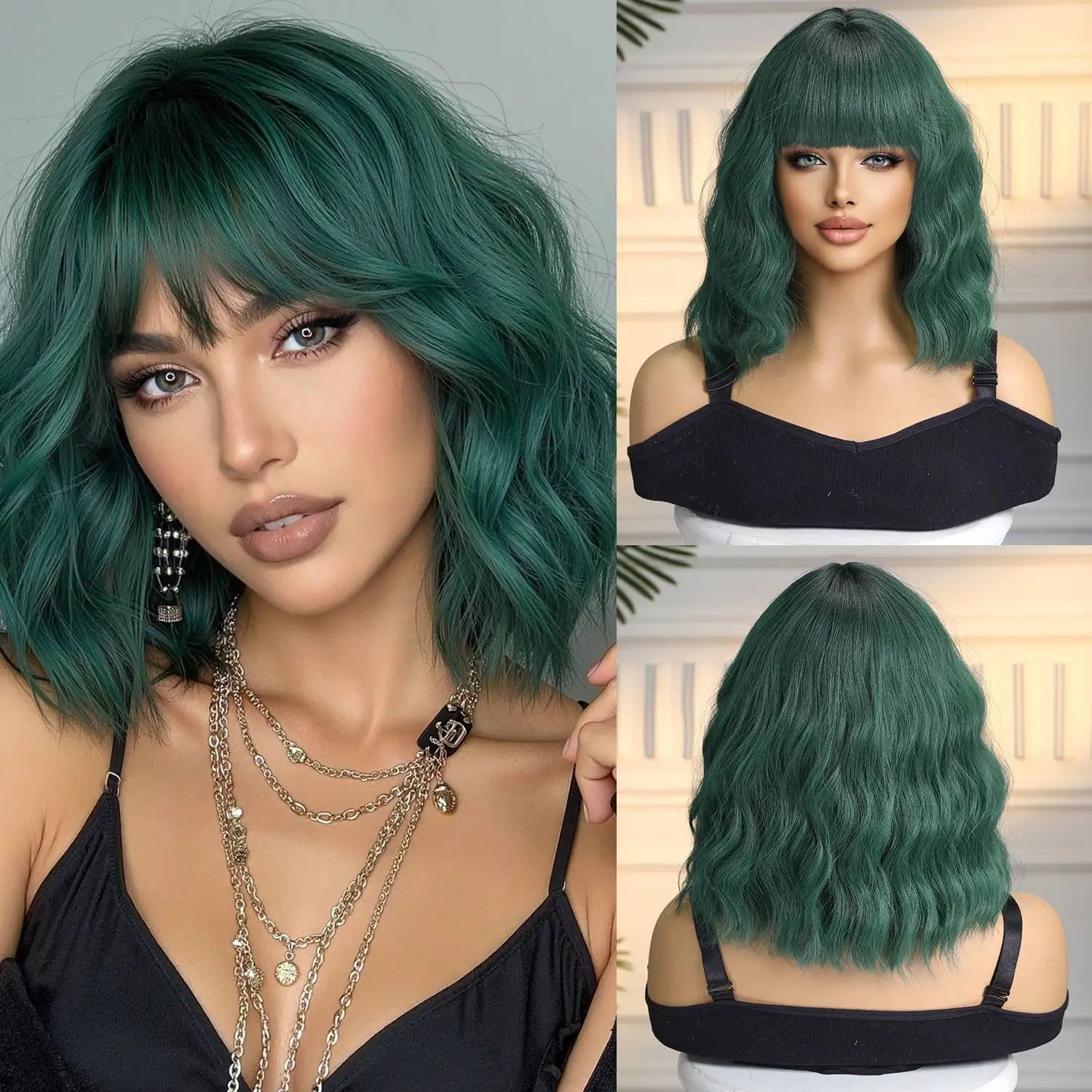 Short Wavy Green Ombre Synthetic Wig Heat Resistant Fiber Natural Looking Hair for Women Daily Wear Party Cosplay Halloween Use