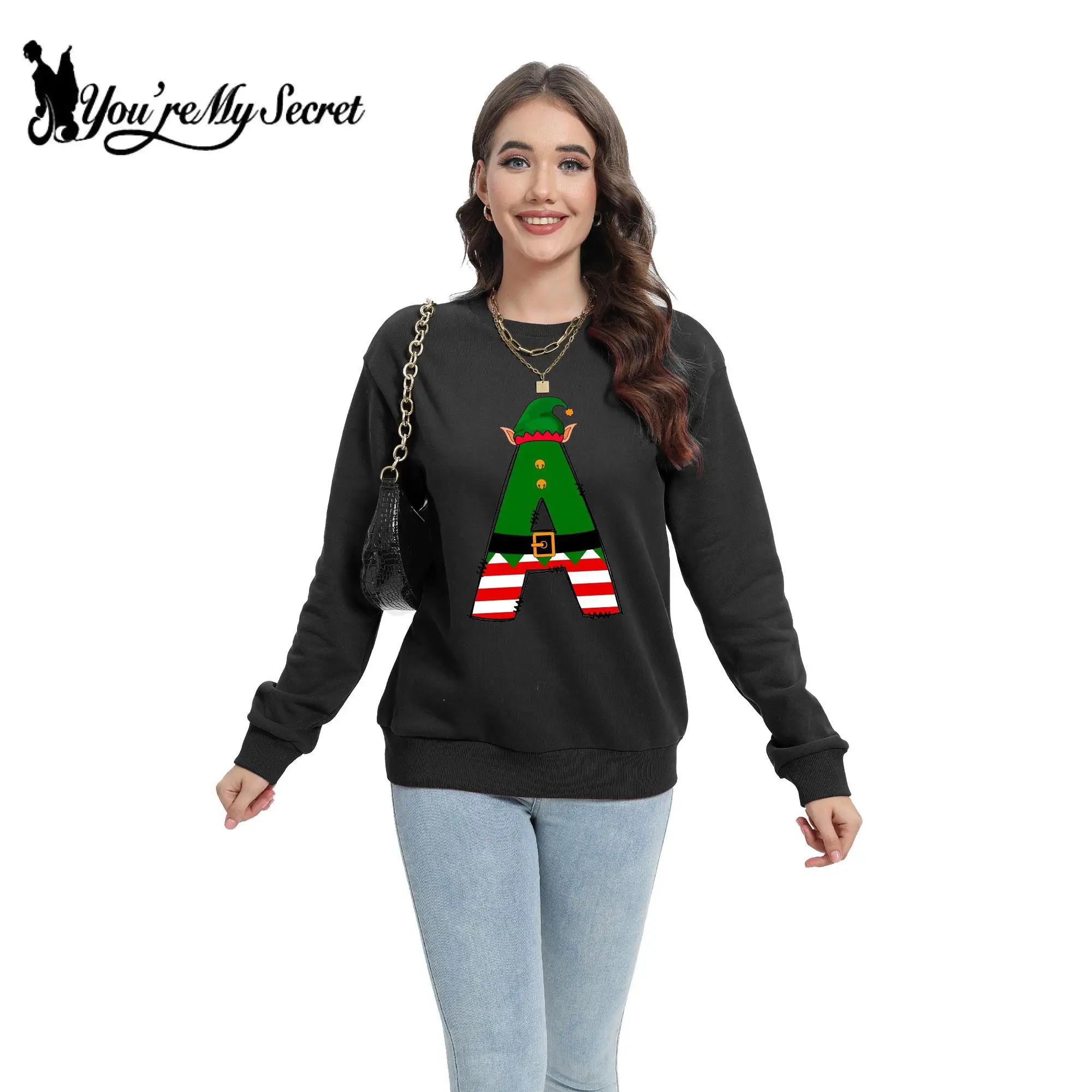 [You're My Secret] Merry Christmas Holiday Party Casual Hoodies Women Long Sleeve Print Pullover Warm Loose Hoody Clothes