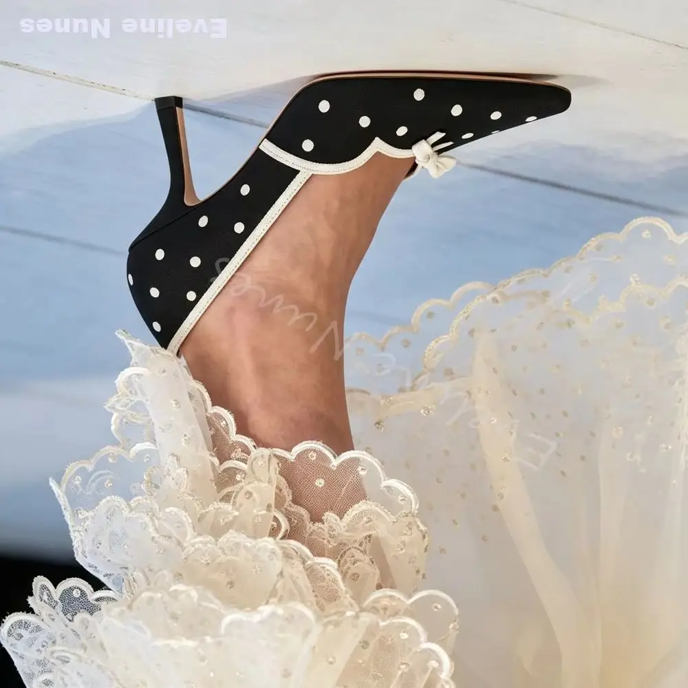 Retro Polka Dot Fabric High Heels Women Square Toe Stiletto Heel V Notch Tiny Bow Decor Elegant Pumps Wedding Date Evening Pumps