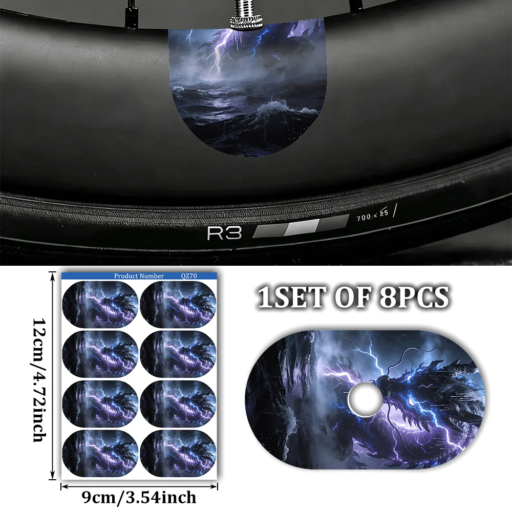 8Pcs Stormy Sea Dragon Lightning Pattern Waterproof Vinyl Bike Valve Stem Stickers UV Resistant Wheel Rim Decor Decals