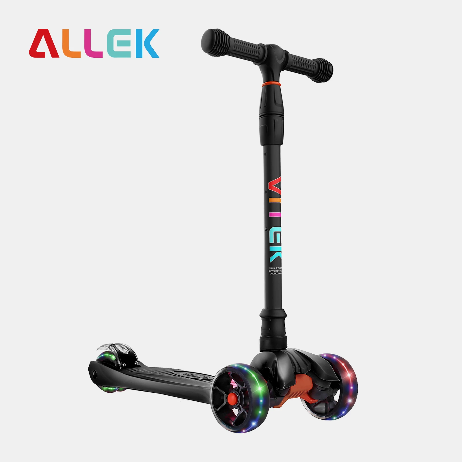 

Allek Children Scooter Three Wheel Kick Scooters Wide PU Light-Up Wheels Adjustable Heights for Kids 3-12years Black Kickboard