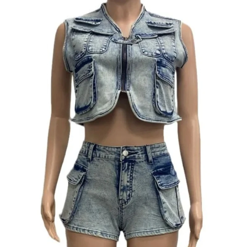 Women Denim Shorts Suits 2026 Streetwear Ensemble Vest Multiple Pockets V Neck Waistcoat Short Pants Outfits Sexy 2 Piece Sets