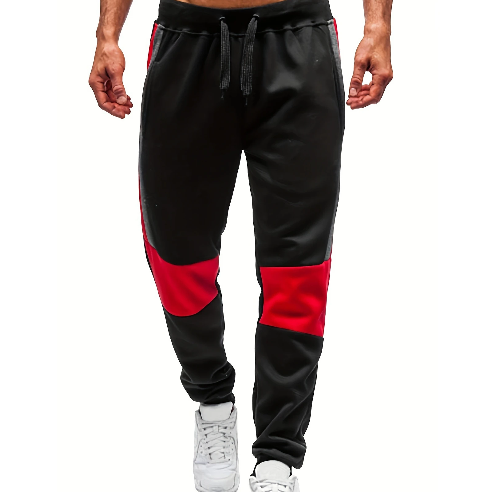 Men's Drawstring Pants with Pockets Stylish Patchwork Mid Rise Leg Trousers Breathable Casual Sweatpants for Spring/Autumn